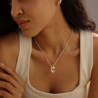 Ewrkbrㅤ Initial Necklaces for Women, 14k Gold Plated Bubble Letter Necklace Chunky Gold Necklace Dainty Charm Initial Necklaces for Women Trendy Custom Preppy Stocking Stuff Necklace Christmas Gifts - color: Silver, style: C