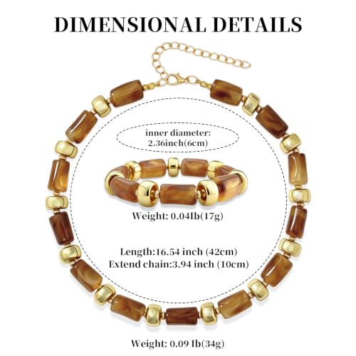 YBMYCM Colorful Resin Beaded Necklace Bracelet Set for Women, Adjustable Chunky Choker Necklace with Stretch Bracelet, Boho Statement Summer Beach Jewelry Gift for Her - color: Brown