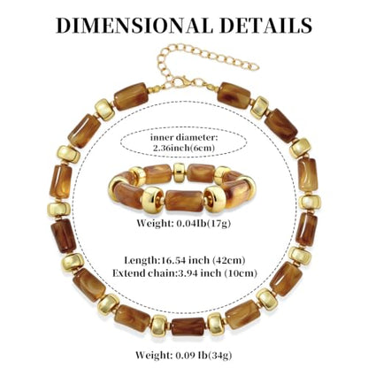 YBMYCM Colorful Resin Beaded Necklace Bracelet Set for Women, Adjustable Chunky Choker Necklace with Stretch Bracelet, Boho Statement Summer Beach Jewelry Gift for Her - color: Brown