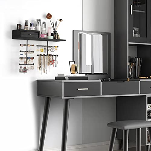 VINAEMO Jewelry Organizer Hanging Wall Mounted Jewelry Holder with Rustic Wood Drawer & Large Capacity Storage Shelf Rack Display for Earrings Rings Necklaces Bracelet(Black) - color: Black