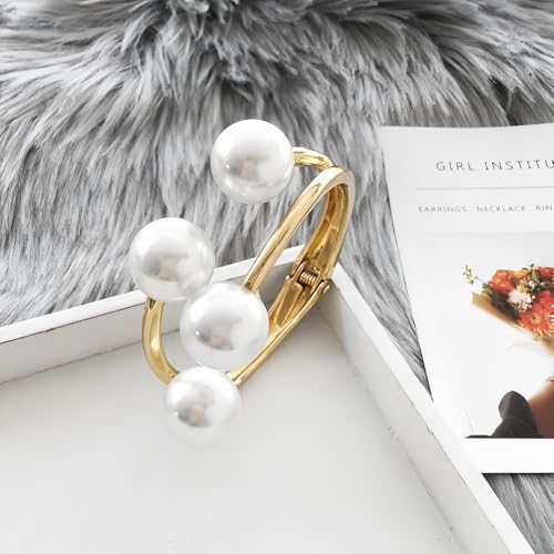 Gold Pearl Hand Cuff Bracelets for Women Chunky Large Pearls Cuffs Statement Bracelet Luxury Big Fake Faux Pearl Ball Handcuffs Jewelry Unique Pearly Gifts - color: Gold