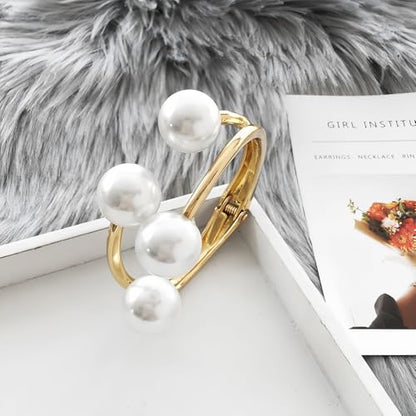 Gold Pearl Hand Cuff Bracelets for Women Chunky Large Pearls Cuffs Statement Bracelet Luxury Big Fake Faux Pearl Ball Handcuffs Jewelry Unique Pearly Gifts - color: Gold