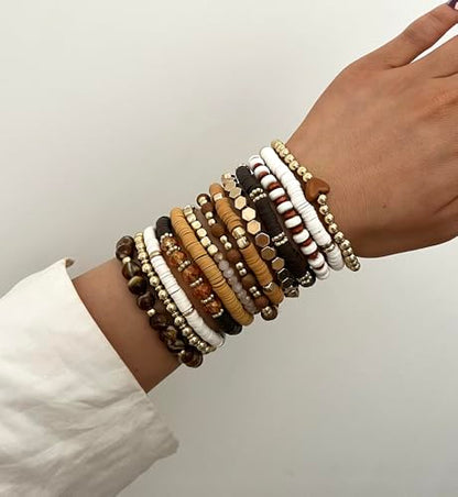 iF YOU 13pcs Boho Brown Gold Beaded Stretch Bracelets for Women, Heishi Clay Surfer Stackable Bracelet Stacks Summer Beach Jewelry - style: White & Brown Clay Bracelets