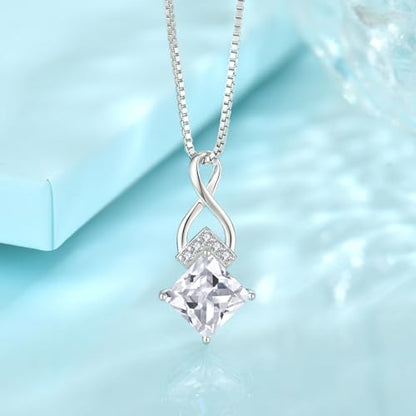 Infinity Necklace 925 Sterling Silver Princess Cut Pendant Birthstone Jewelry for Women - color: Clear White