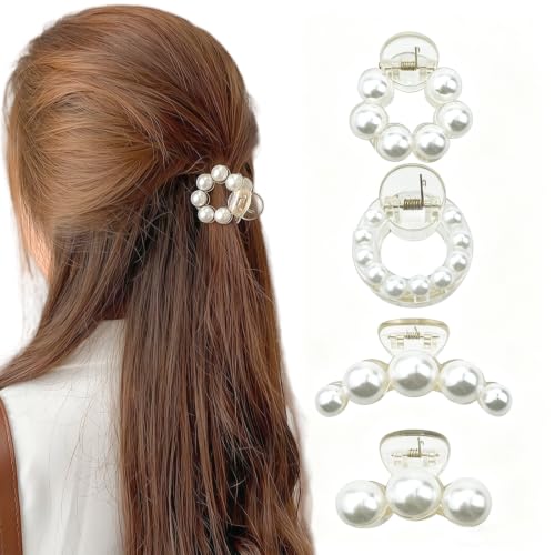 4PCS Mini Pearl Hair Claw Clips,Pearl Hair Claw Horsetail Clips Fashion Hair Accessories for Women and Girls Strong Hold Nonslip