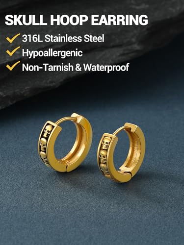 PROSTEEL Stainless Steel Huggie Hoop Earrings for Mens Gold/Black/Silver | Skull/Infinity Pattern, Spike/Cuban Links 4 Design Options Hypoallergenic Lightweight Earring Hip Hop Punk Gothic Jewelry - style: Skull-Gold