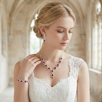 Silver Plated Necklace Earrings Bracelet Crystal Bridal Wedding Jewelry Sets for Wedding princess birthday party Halloween Prom Pageant Jewelry - color: 2-red