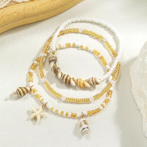 Qceasiy Shell Ankle Bracelets for Women, Boho Beaded Beach Anklet Set | Seashell, Heart, Starfish and Conch Styles, Gold-Tone, Stretch or Adjustable Fit, Layered Beach Vacation Jewelry Gifts - color: White 2