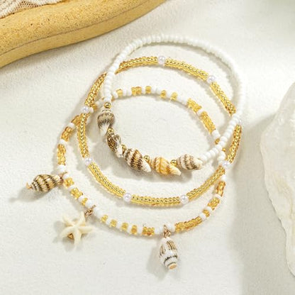 Qceasiy Shell Ankle Bracelets for Women, Boho Beaded Beach Anklet Set | Seashell, Heart, Starfish and Conch Styles, Gold-Tone, Stretch or Adjustable Fit, Layered Beach Vacation Jewelry Gifts - color: White 2