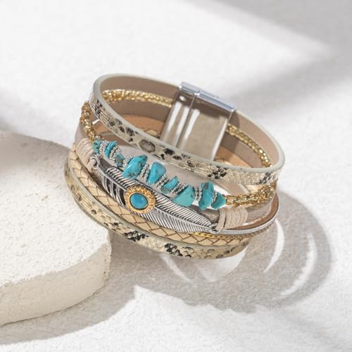 Western Turquoise Leather Cuff Bracelets Boho Feather Cowgirl Jewelry | Stackable Country Hippie Wrap Bangle Set Magnetic Clasp Chunky Beaded Stone Bohemian Statement Outfits for Women Trendy - color: Gold