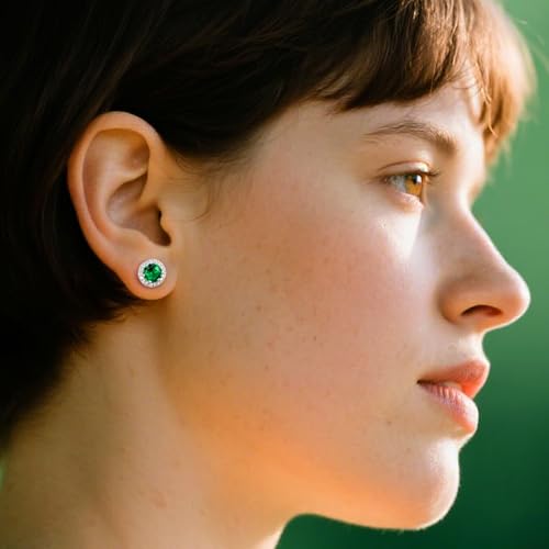 Bestyle 8mm Small Birthstone Earrings for Women with Hypoallergenic Sterling Silver Post,Sparkle Heart/Round Womens Studs Earrings, Great Birthday/Christmas/Anniversary Jewelry for Wife Mother - color: 05. May Emerald-Round
