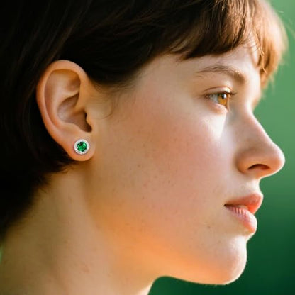Bestyle 8mm Small Birthstone Earrings for Women with Hypoallergenic Sterling Silver Post,Sparkle Heart/Round Womens Studs Earrings, Great Birthday/Christmas/Anniversary Jewelry for Wife Mother - color: 05. May Emerald-Round