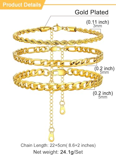 U7 2Pcs/3Pcs Ankle Bracelets for Women, Stainless Steel Cuban Link/Figaro/Rope/Heart Chain Anklets Sets,Waterproof Layered Anklets Adjustable 8.5"-10.5" - color: 03. 3Pcs Style A-Gold