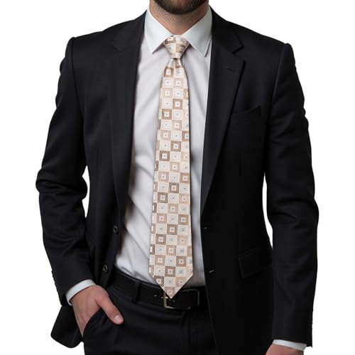 Hi-Tie Men's Silk Ties Formal Woven Classic Necktie Pocket Square Cufflinks Lapel Pin Set Wedding Business - color: Beige and Khaki