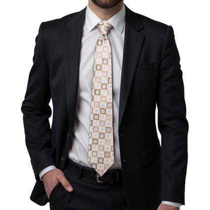 Hi-Tie Men's Silk Ties Formal Woven Classic Necktie Pocket Square Cufflinks Lapel Pin Set Wedding Business - color: Beige and Khaki