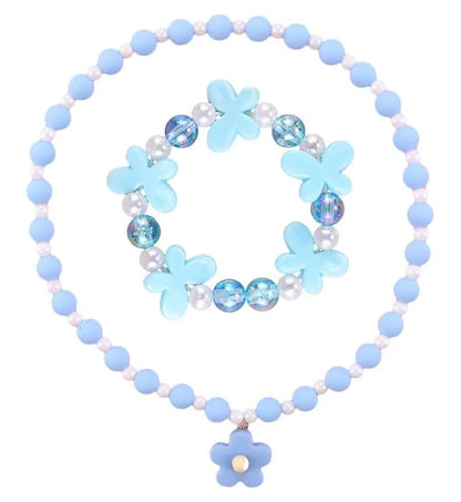 Beaded Necklaces and Bracelets Set for Women Flower Butterfly Pendant Bead Stretch Necklace Party Favors Dress up Play Costume Jewelry Gift - color: Blue