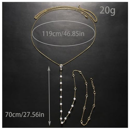 Rhinestone Back Necklace for Backless Dress - Bridal Wedding Pearl Backdrop Jewelry Crystal Long Body Chain Simple Waist Chain for Women - style: Gold