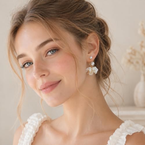 White Petal Pearl Drop Earrings for Women, Irregular Shell Flower Dangle Earrings with Gold Hoop, Elegant Statement Jewelry for Wedding Party