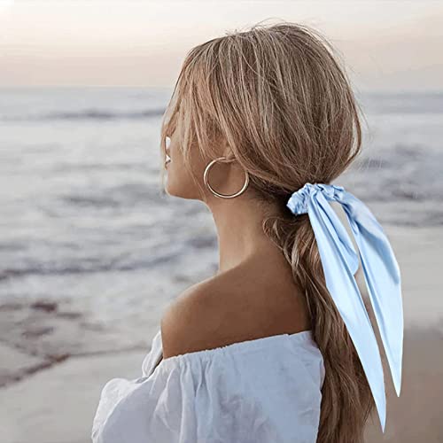 Pack of 2 Knotted Bow Hair Scrunchies Elastic Hair Scarf Hair Ties Bands Satin Hair Ribbon Scrunchy Ponytail Holder for Women and Girls,Hair Scarf Scrunchies with Tail, Hair Accessories (Light Blue) - color: Light blue