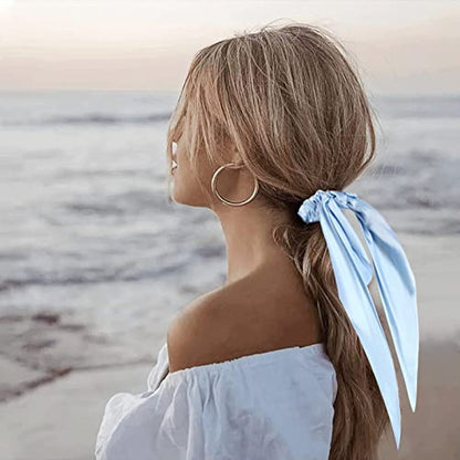Pack of 2 Knotted Bow Hair Scrunchies Elastic Hair Scarf Hair Ties Bands Satin Hair Ribbon Scrunchy Ponytail Holder for Women and Girls,Hair Scarf Scrunchies with Tail, Hair Accessories (Light Blue) - color: Light blue