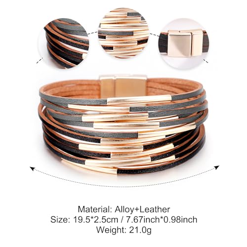Fesciory Leather Wrap Bracelets for Women, Boho Western Layered Jewelry | Layered leather cuff bracelets, Easy on and off, Boho western style, Daily wear, Gift for women - color: Black and Gray 1