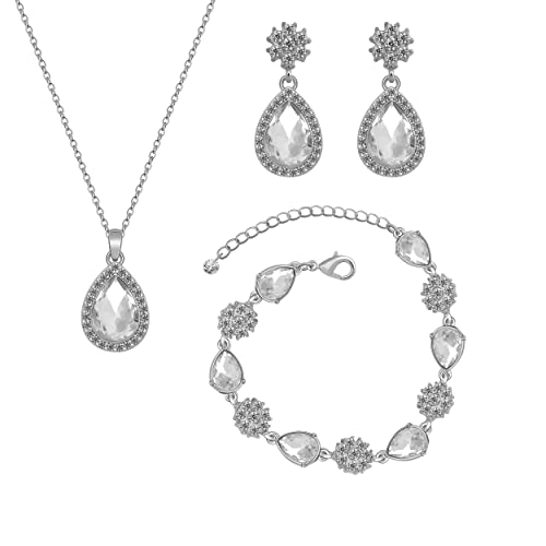 Bridesmaid Jewelry Set for Women,Pendant 18K Gold & Silver & Rose Gold Pendant Necklace Earrings Bracelet Set,Dainty Gift for Wedding/Proposal/Party/Anniversary - color: SILVER - 1 SET