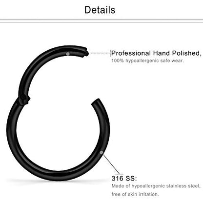 10PCS 16G Surgical Steel Hinged Clicker Segment Septum Lip Nipple Ring Hoop Cartilage Tragus Helix Sleeper Earrings Piercing Jewelry for Women Men 8mm 10mm 12mm 14mm 16mm - color: black