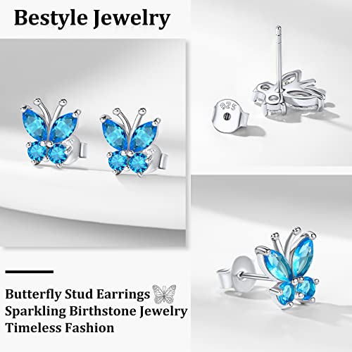 Bestyle Gold Butterfly Earrings for Women, Dainty Cute Birthstone Studs Hypoallergenic Jewelry, Great Birthday Gift - style: 12.December (Blue Topaz)-STUD
