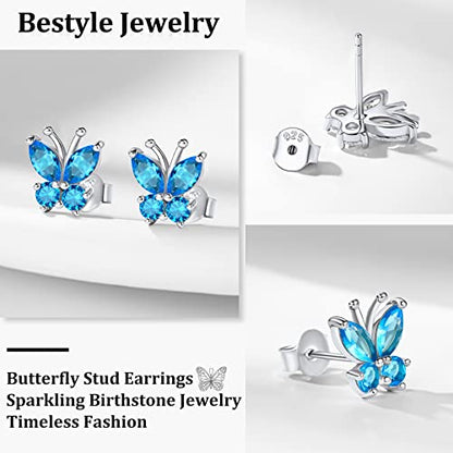 Bestyle Gold Butterfly Earrings for Women, Dainty Cute Birthstone Studs Hypoallergenic Jewelry, Great Birthday Gift - style: 12.December (Blue Topaz)-STUD