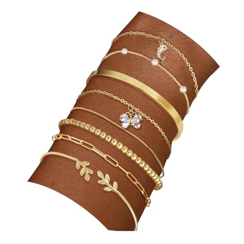 18K Gold Plated Cuff Bangle Bracelets for Women Waterproof, Gold Bracelets Stack Set, Satellite/Paperclip/Beaded/Box/Rope Butterfly&Dolphin Charms, The Leaf of Peace and Gold Cuff Bangle