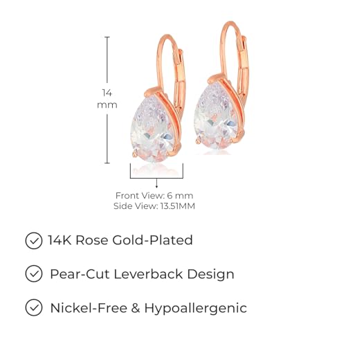 Amazon Essentials Sterling Silver or Gold Plated Sterling Silver Pear Cut Cubic Zirconia Leverback Earrings - color: Rose Gold