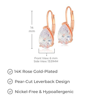 Amazon Essentials Sterling Silver or Gold Plated Sterling Silver Pear Cut Cubic Zirconia Leverback Earrings - color: Rose Gold