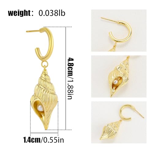 Dangle Gold Charm Earrings for Women 14K Gold Plated Bow Cherry Rose Zirconia Dragonfly Love Heart Wing Cross Pearl Conch Seashell Huggie Hoop Earring Drop Cross Trendy Party Jewelry Gifts for Women - style: Conch Shell