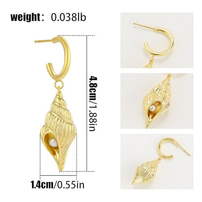 Dangle Gold Charm Earrings for Women 14K Gold Plated Bow Cherry Rose Zirconia Dragonfly Love Heart Wing Cross Pearl Conch Seashell Huggie Hoop Earring Drop Cross Trendy Party Jewelry Gifts for Women - style: Conch Shell