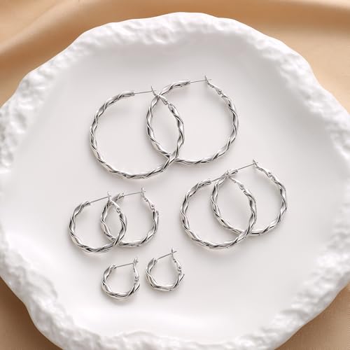 14k Gold Plated Hoop Earrings for Women, 925 Sterling Silver Posts Thick Twist Hypoallergenic Chunky Large Earrings 20mm 30mm 40mm 50mm - color: silver, size: 50mm