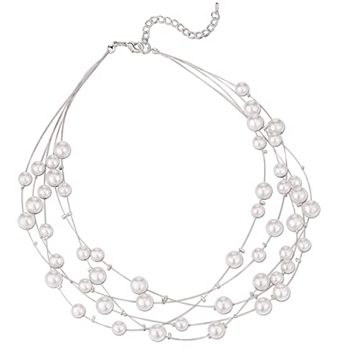 FULU AUTUMN Layered Pearl Necklace Multi-strand Pearl Choker Necklaces for Women Beaded jewelry for Wedding Parties - color: Grey