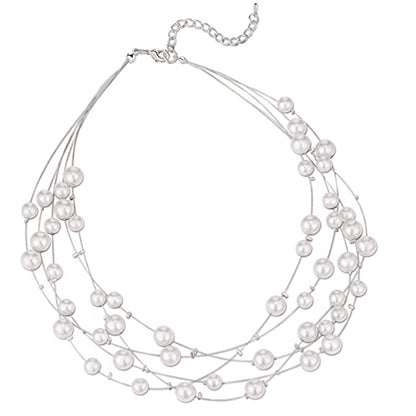 FULU AUTUMN Layered Pearl Necklace Multi-strand Pearl Choker Necklaces for Women Beaded jewelry for Wedding Parties - color: Grey