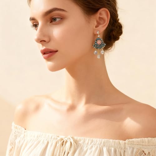 Fringe Dangling Tassel Earrings for Women, Handcrafted Chandelier Long Bohemian Beaded Cubic Zirconia Crystal Imitation Pearls Inlay Statement Boho Chain Hook Earrings for Wedding Party - color: Pink Blue Drop