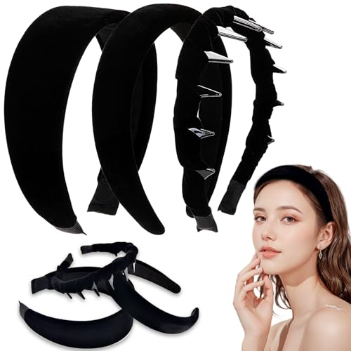 3Pcs Women's Black Velvet Headbands, Non-slip Padded Headband, High Cranium Hairband, with Toothed Hair Hoops Accessories for Girls (3Pcs Black, One Size) - color: Black