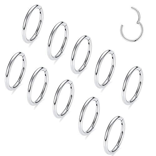 Casvort 10 PCS 16G Seamless Septum Nose Piercing Rings Segment Tragus Hoop Rings 316 Stainless Steel Helix Ring Stack Clickers Ear Plugs Hangers Women Body Jewelry - color: Silver Classic, size: 1.2*8mm 10 PCS