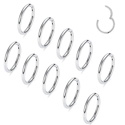 Casvort 10 PCS 16G Seamless Septum Nose Piercing Rings Segment Tragus Hoop Rings 316 Stainless Steel Helix Ring Stack Clickers Ear Plugs Hangers Women Body Jewelry - color: Silver Classic, size: 1.2*8mm 10 PCS