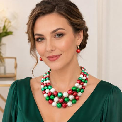 Simulated Pearl Necklace & Earring Set, Multi Strand - color: Red + Green