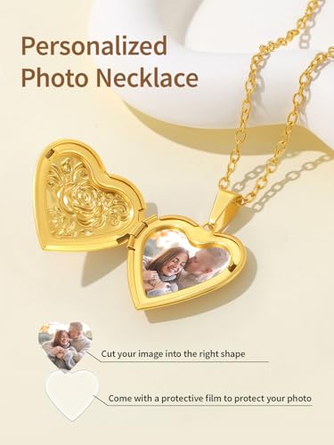 FindChic Locket Necklace for Women Custom Photo Memorial Gifts 4 Colors | Silver/Black/Rose Gold/Gold Plated Personalized for Loved Ones, Birthday Valentine's Day Keepsake - style: 12. Rose Relief (DIY)-Gold