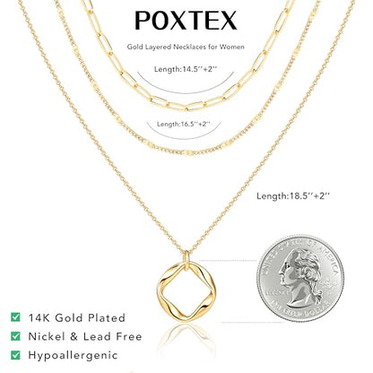 Poxtex Layered Gold Necklaces for Women, Stackable Dainty 14K Gold Silver Plated Trendy Simple Heart Diamond Cross Bow Circle Pendant Paperclip Choker Dot Chain Necklace,Jewelry Set Gifts for Women - color: Gold, style: Circle1