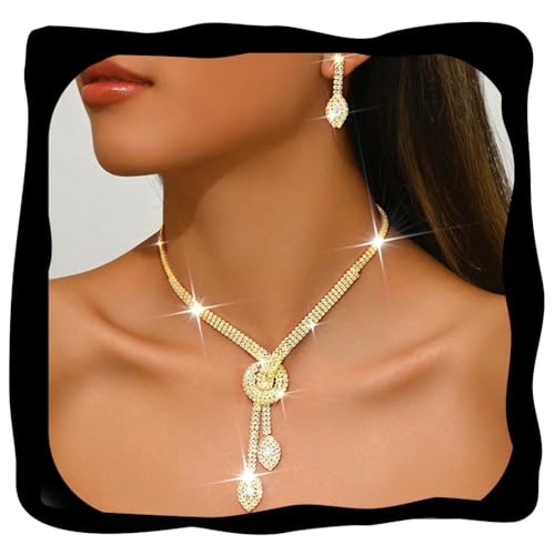 Unicra Silver Rhinestone Bridal Wedding Jewelry Set Crystal Necklace Earrings Sets Formal Prom Costume Jewelry Sets for Women and Brides - color: Gold
