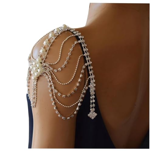 Mulit-layered Pearl Shoulder Chain Jewelry Festival Rave Rhinestone Bra Chain Sexy Bridal Wedding Crystal Arm Chain Jewelry for Women - color: Silver