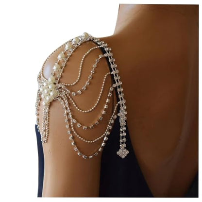 Mulit-layered Pearl Shoulder Chain Jewelry Festival Rave Rhinestone Bra Chain Sexy Bridal Wedding Crystal Arm Chain Jewelry for Women - color: Silver