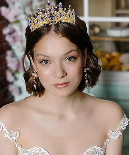 COCIDE Blue Crowns fpr Women Blue Tiaras for Women Royal Crown Hair Accessories Princess Halloween Cosplay Birthday Pageant Bride Headpieces Wedding Bridal - color: V3,Blue&Gold