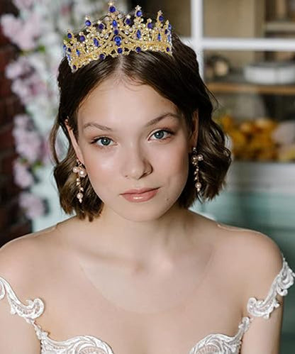 COCIDE Blue Crowns fpr Women Blue Tiaras for Women Royal Crown Hair Accessories Princess Halloween Cosplay Birthday Pageant Bride Headpieces Wedding Bridal - color: V3,Blue&Gold