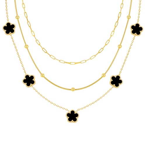 MPRAINBOW Gold Layered Necklace for Women - 3Pcs 18K Gold Plated Floral Necklaces, Stainless Steel Stackable Cuban Link Chain Non Tarnish Trendy Jewelry, Herringbone Chains Christmas Birthday Gifts - color: Black 01